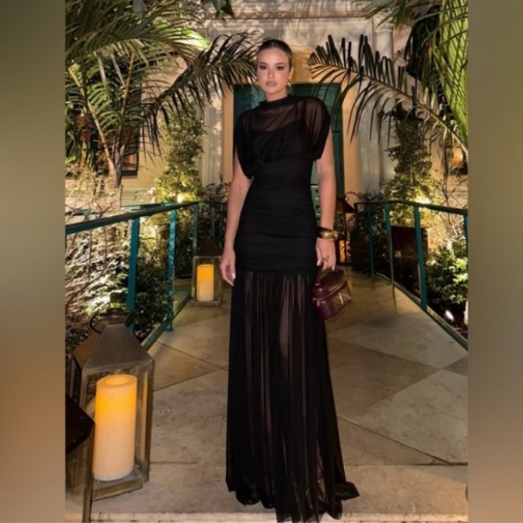 Zara Combined Draped Midi Dress Black Size Xs